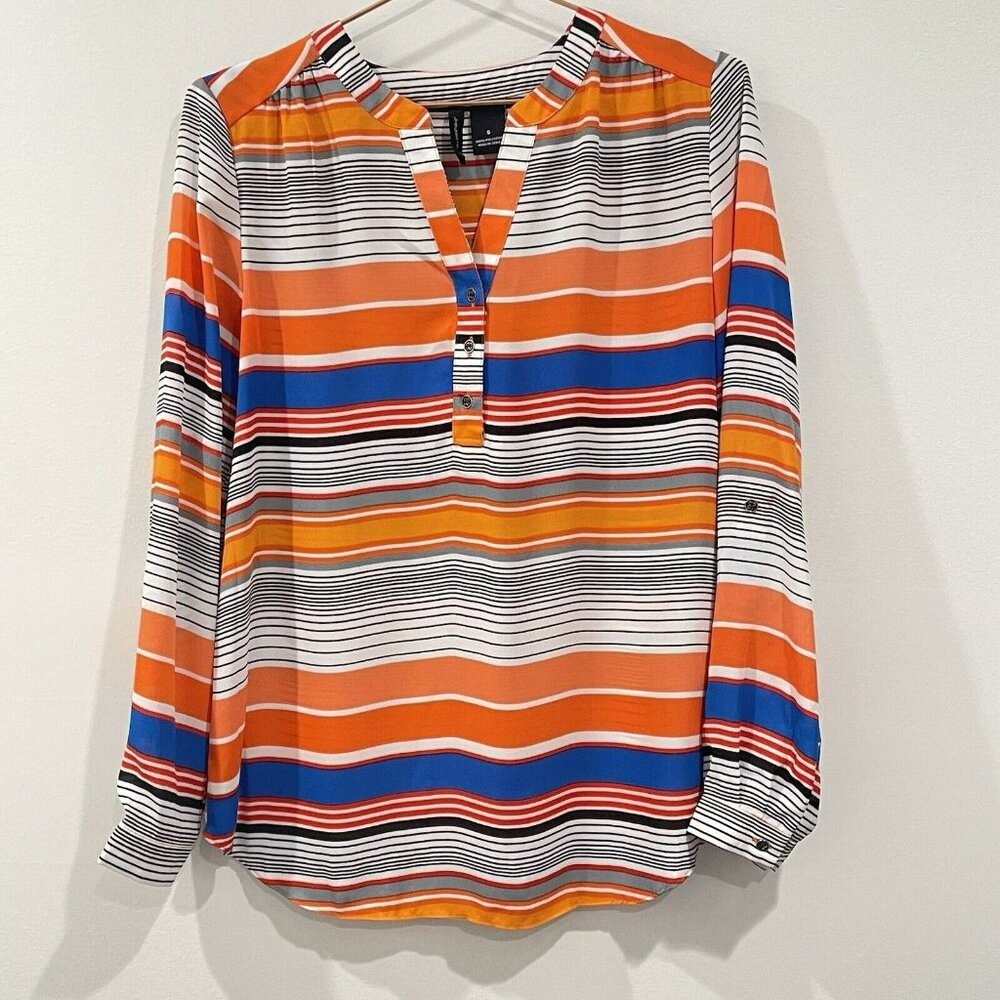 New Directions Striped Tab Sleeve Button Cuff Tunic Blouse Size Small S